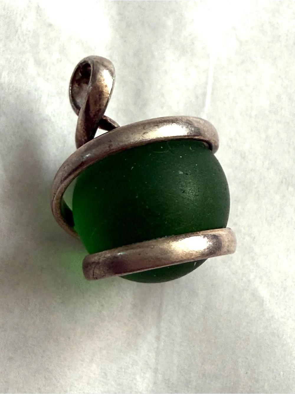 Green Sea Glass Orb Pendant in Silver Setting
